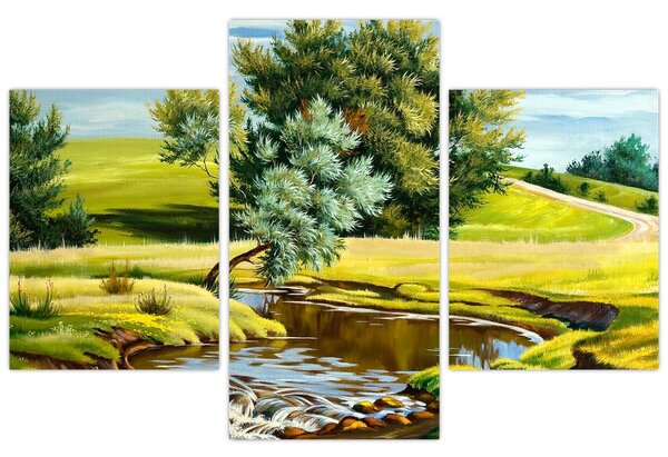 Tablou - Râu între câmpii, pictură în ulei (90x60 cm)