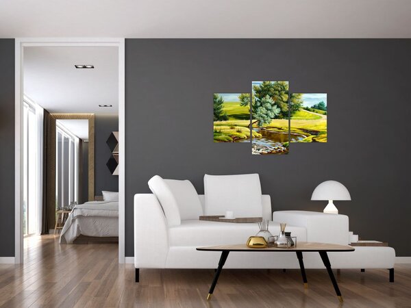 Tablou - Râu între câmpii, pictură în ulei (90x60 cm)
