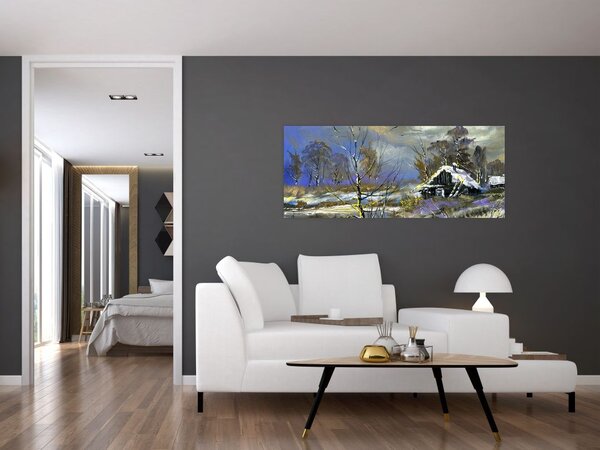 Tablou -Cabane într-un peisaj de iarnă, pictură în ulei (120x50 cm)