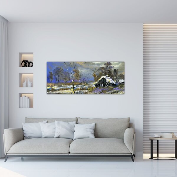 Tablou -Cabane într-un peisaj de iarnă, pictură în ulei (120x50 cm)