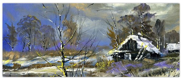 Tablou -Cabane într-un peisaj de iarnă, pictură în ulei (120x50 cm)