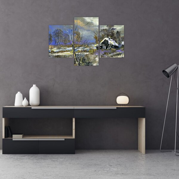 Tablou -Cabane într-un peisaj de iarnă, pictură în ulei (90x60 cm)