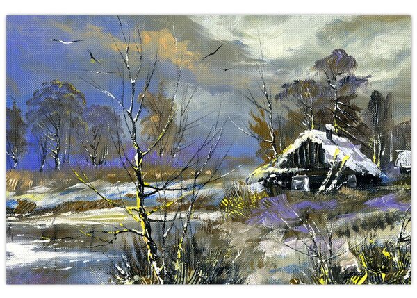 Tablou -Cabane într-un peisaj de iarnă, pictură în ulei (90x60 cm)
