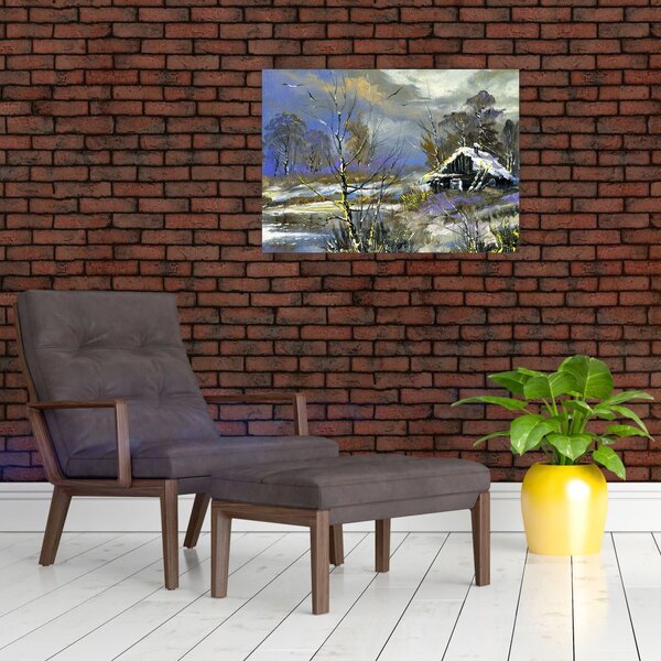 Tablou -Cabane într-un peisaj de iarnă, pictură în ulei (70x50 cm)