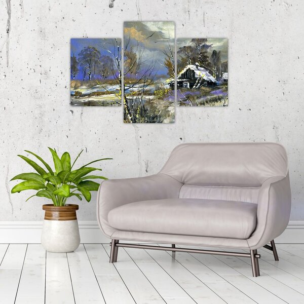 Tablou -Cabane într-un peisaj de iarnă, pictură în ulei (90x60 cm)