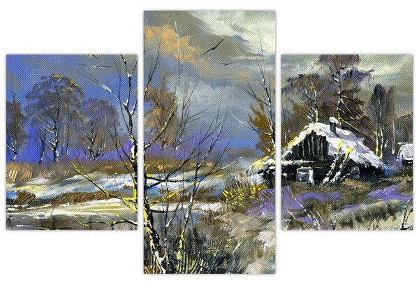 Tablou -Cabane într-un peisaj de iarnă, pictură în ulei (90x60 cm)