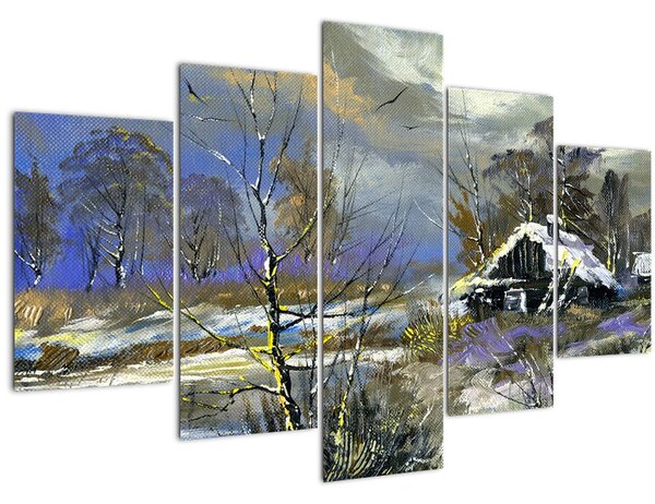 Tablou -Cabane într-un peisaj de iarnă, pictură în ulei (150x105 cm)