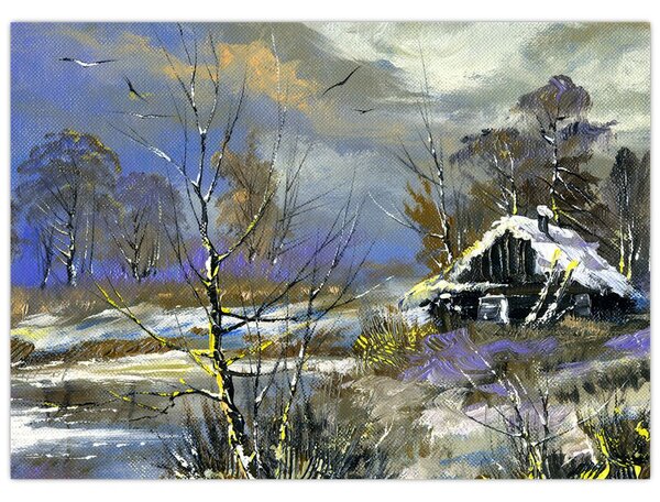 Tablou -Cabane într-un peisaj de iarnă, pictură în ulei (70x50 cm)