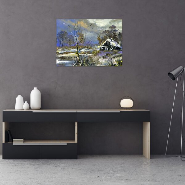 Tablou -Cabane într-un peisaj de iarnă, pictură în ulei (70x50 cm)