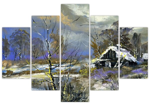 Tablou -Cabane într-un peisaj de iarnă, pictură în ulei (150x105 cm)