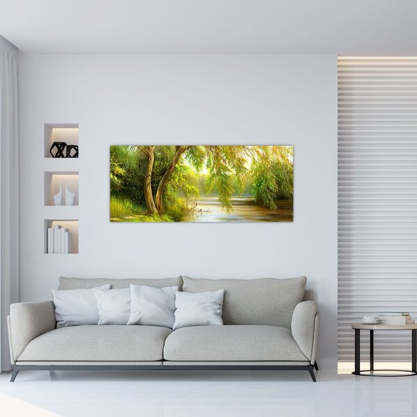 Tablou - Salcie lângă lac, pictură în ulei (120x50 cm)