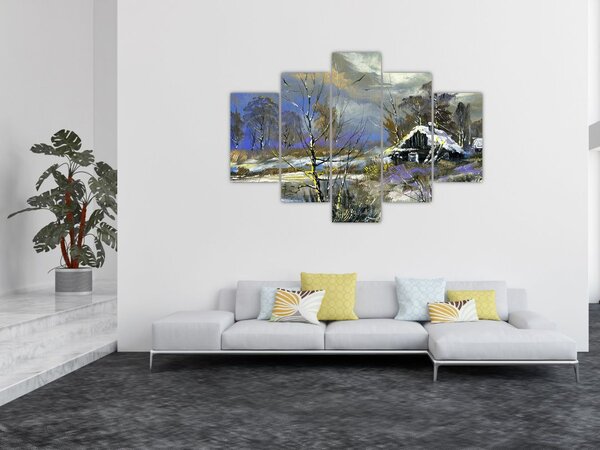 Tablou -Cabane într-un peisaj de iarnă, pictură în ulei (150x105 cm)