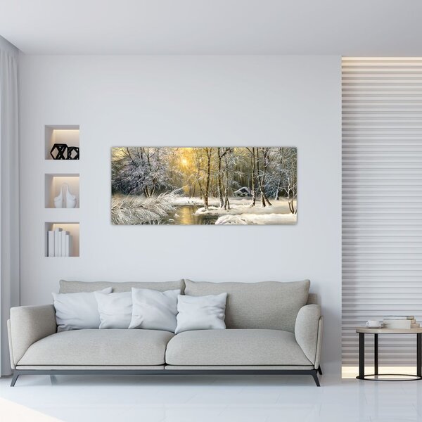 Tablou - Cabană în pădure, pictură în uei (120x50 cm)
