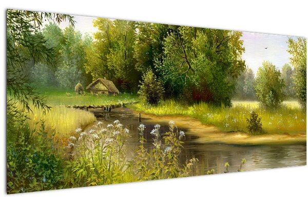 Tablou - Râu lângă pădure, pictură în ulei (120x50 cm)