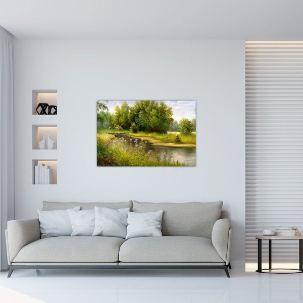 Tablou - Râu lângă pădure, pictură în ulei (90x60 cm)