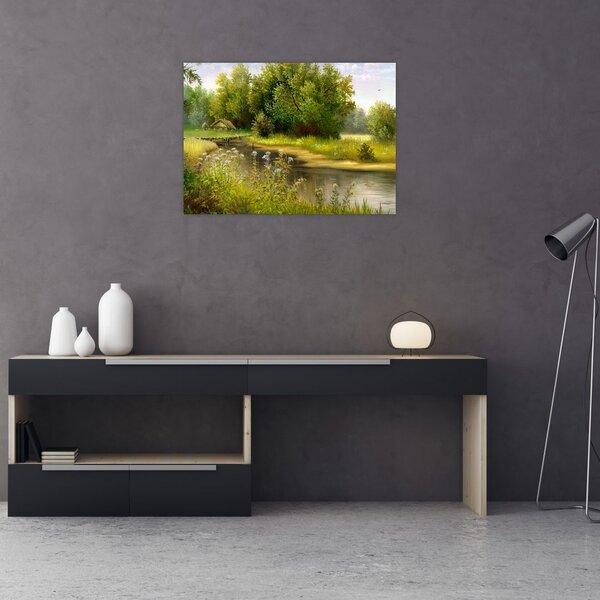 Tablou - Râu lângă pădure, pictură în ulei (70x50 cm)