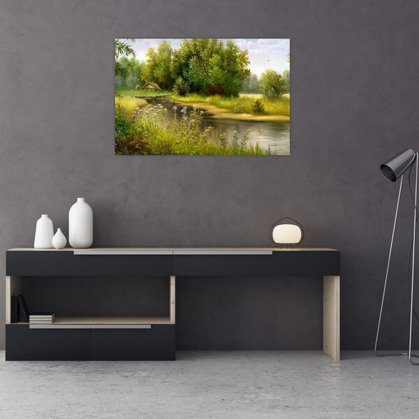 Tablou - Râu lângă pădure, pictură în ulei (90x60 cm)