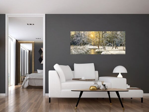 Tablou - Cabană în pădure, pictură în uei (120x50 cm)