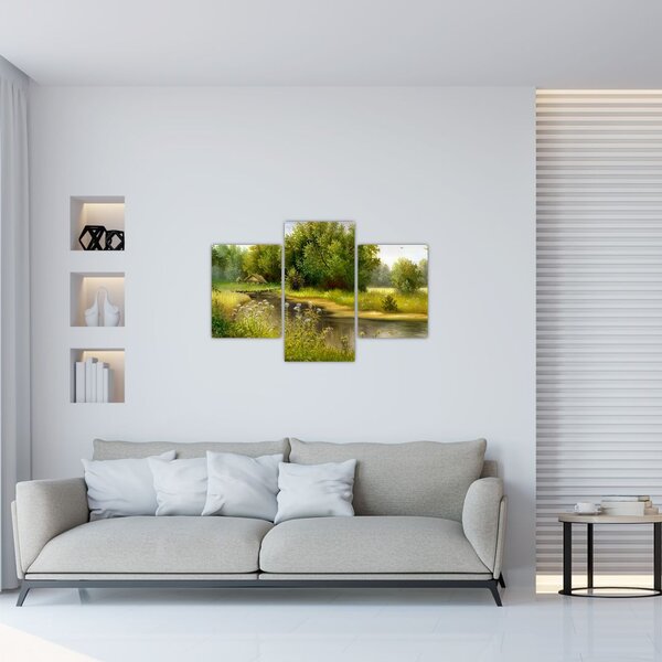 Tablou - Râu lângă pădure, pictură în ulei (90x60 cm)