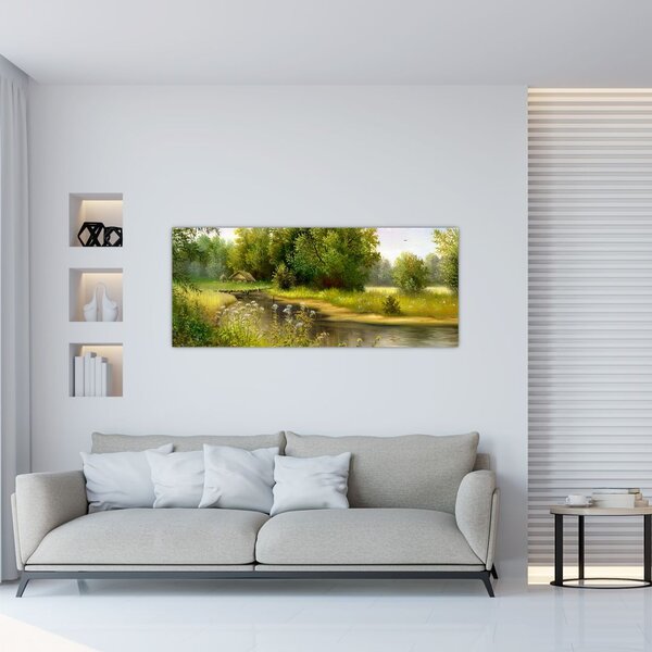 Tablou - Râu lângă pădure, pictură în ulei (120x50 cm)