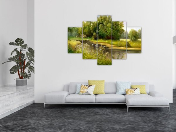 Tablou - Râu lângă pădure, pictură în ulei (150x105 cm)