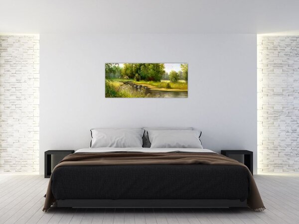 Tablou - Râu lângă pădure, pictură în ulei (120x50 cm)