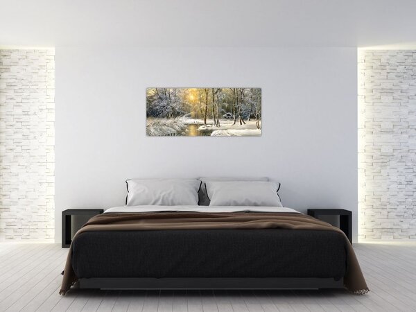 Tablou - Cabană în pădure, pictură în uei (120x50 cm)
