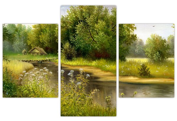 Tablou - Râu lângă pădure, pictură în ulei (90x60 cm)