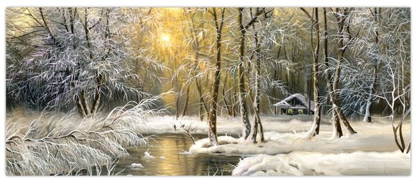 Tablou - Cabană în pădure, pictură în uei (120x50 cm)