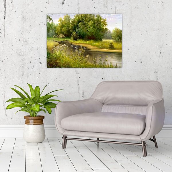 Tablou - Râu lângă pădure, pictură în ulei (70x50 cm)