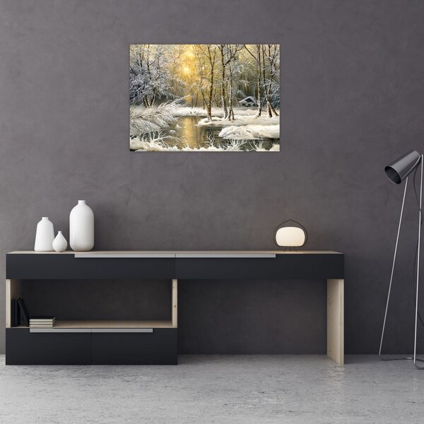 Tablou - Cabană în pădure, pictură în uei (70x50 cm)