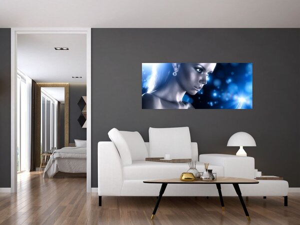 Tablou - Femeia, sclipici albastru (120x50 cm)