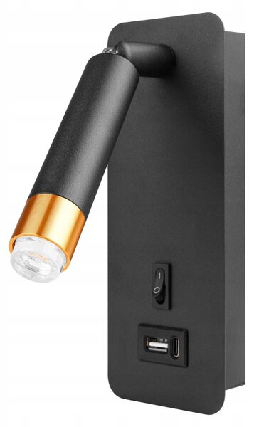 Aplica de perete Piero, LED G9, 35W, IP20, USB, comutator ON/OFF, negru mat si auriu