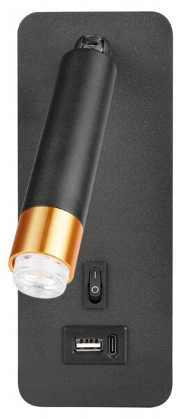 Aplica de perete Piero, LED G9, 35W, IP20, USB, comutator ON/OFF, negru mat si auriu