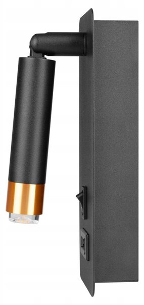 Aplica de perete Piero, LED G9, 35W, IP20, USB, comutator ON/OFF, negru mat si auriu