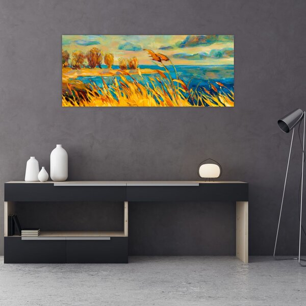 Tablou - Apus de soare peste lac, pictură acrilică (120x50 cm)