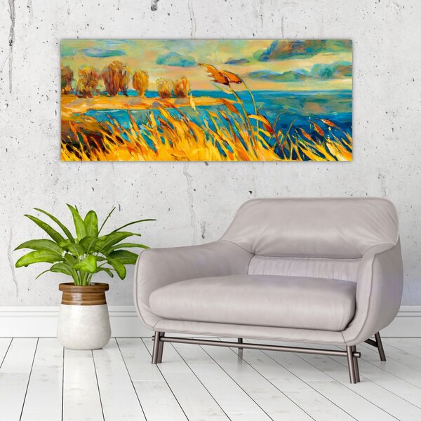 Tablou - Apus de soare peste lac, pictură acrilică (120x50 cm)