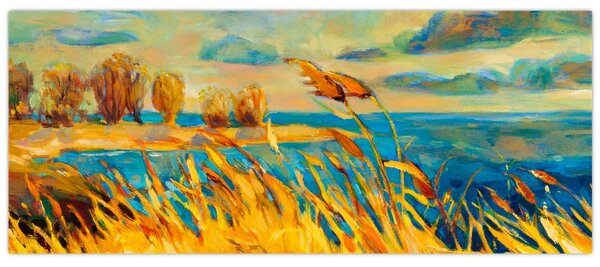 Tablou - Apus de soare peste lac, pictură acrilică (120x50 cm)