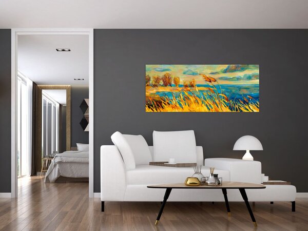 Tablou - Apus de soare peste lac, pictură acrilică (120x50 cm)