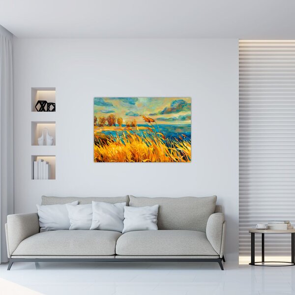 Tablou - Apus de soare peste lac, pictură acrilică (90x60 cm)