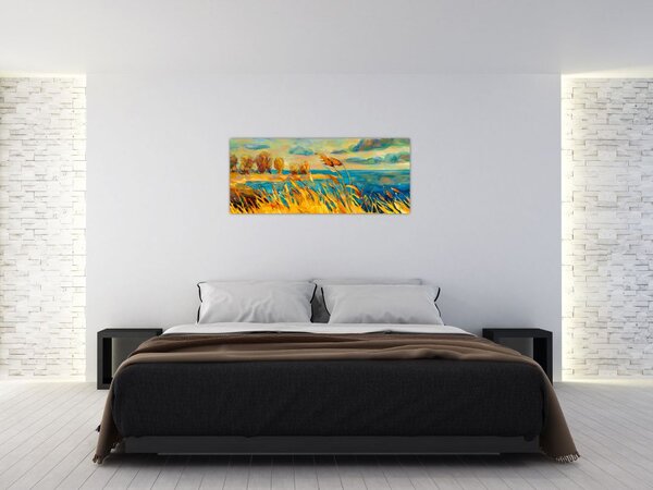 Tablou - Apus de soare peste lac, pictură acrilică (120x50 cm)