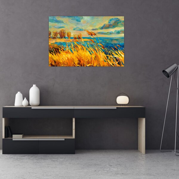 Tablou - Apus de soare peste lac, pictură acrilică (90x60 cm)