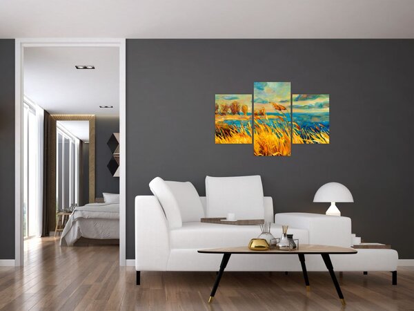 Tablou - Apus de soare peste lac, pictură acrilică (90x60 cm)