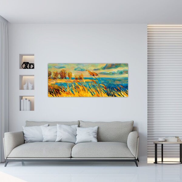Tablou - Apus de soare peste lac, pictură acrilică (120x50 cm)