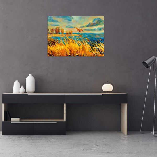Tablou - Apus de soare peste lac, pictură acrilică (70x50 cm)
