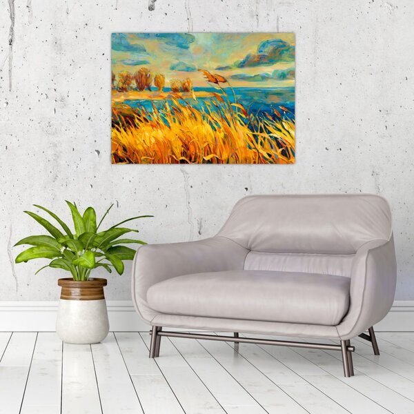 Tablou - Apus de soare peste lac, pictură acrilică (70x50 cm)