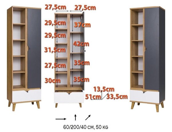 Dulap cu rafturi Mimone R1D1SZ (Stejar auriu + Alb mat + grafit). 1051780