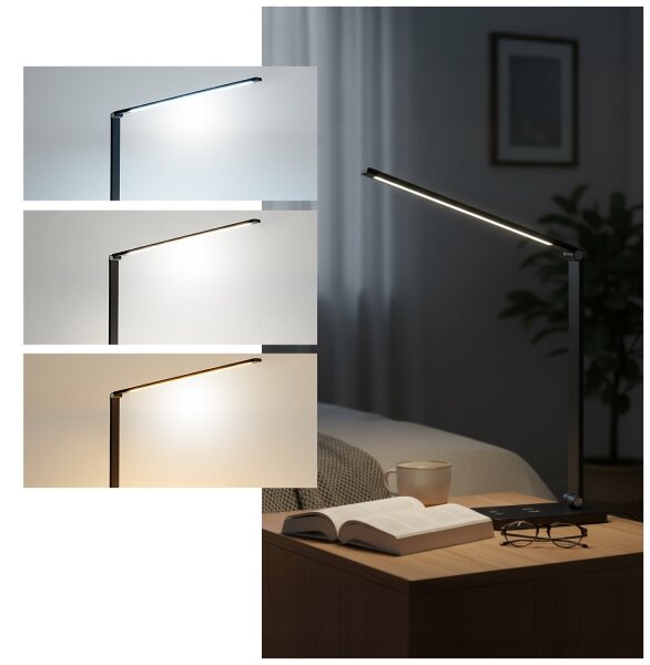 Brilagi - Lampă de birou LED tactilă cu dimmer, încărcare wireless QI, LED/7W/5V 3000/4000/6000K, negru