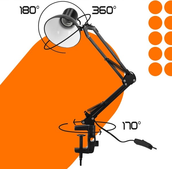 Lampă de birou cu clemă, 1xE27/60W/230V, neagră