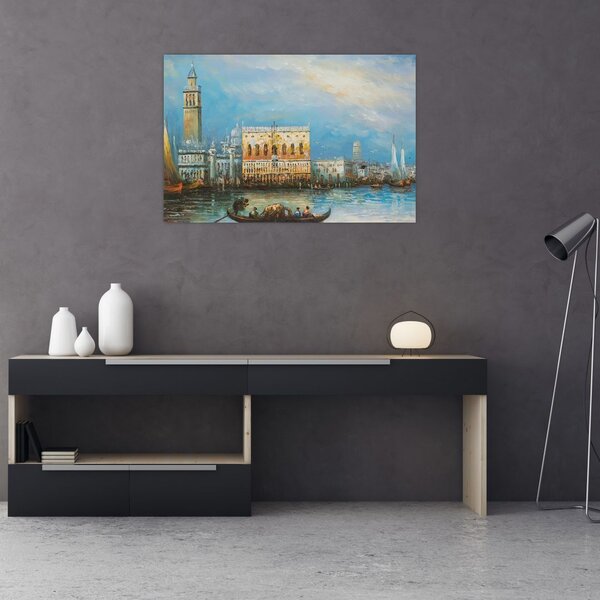 Tablou - Gondola care trece prin Veneția, pictură în ulei (90x60 cm)